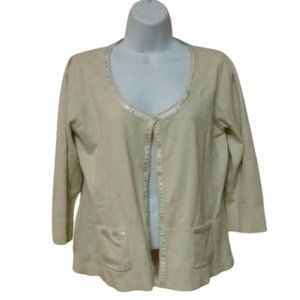 {CAbi} Silk Trimmed Cream Button Down Cardigan